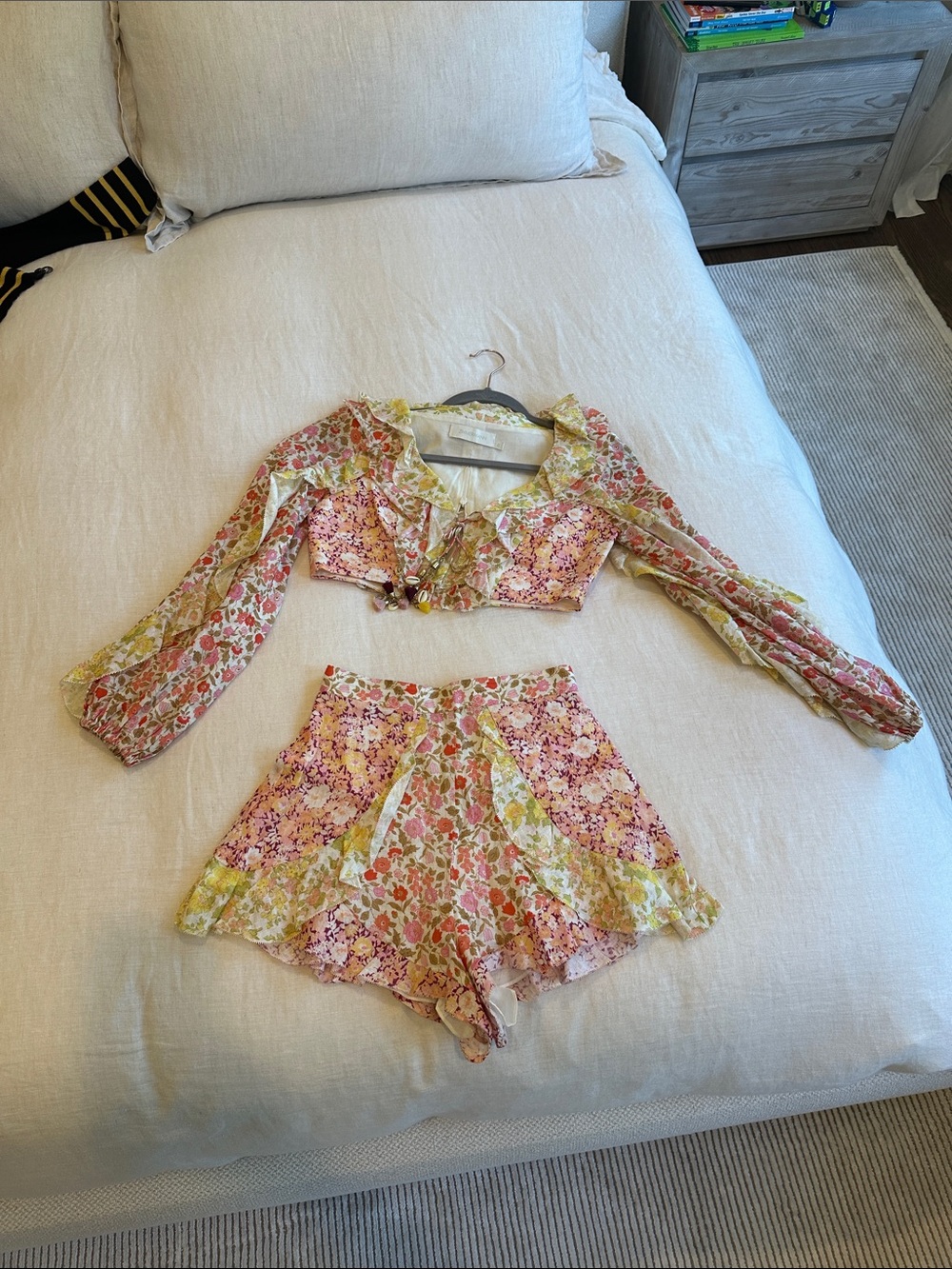 Zimmermann Goldie Splice set. Ruffle Crop Top & Shorts